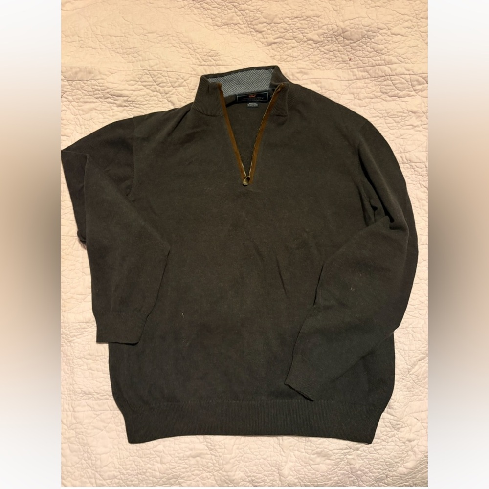 Vineyard Vines Men's Gray Zip-Up Sweater with patch elbows